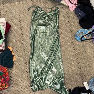 Free People Olive Green Satin Slip Maxi Dress